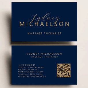 Eleganter Massagetherapeut QR Code Navy Blue Gold Visitenkarte