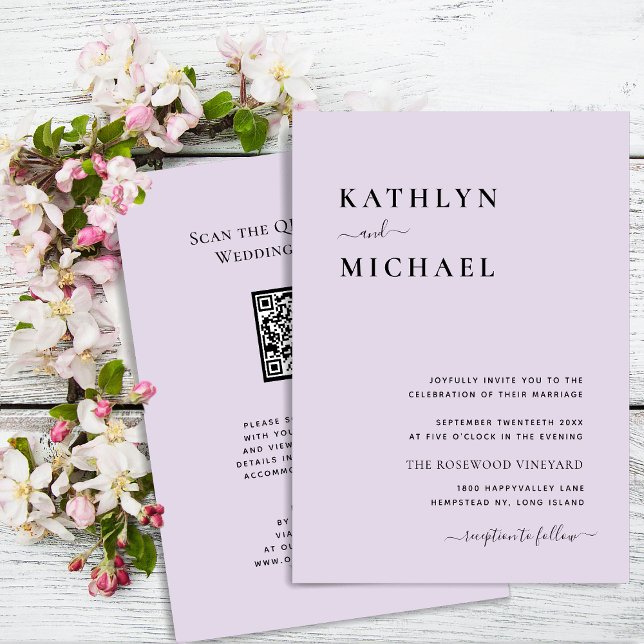 Eleganter Mauve QR Code in einer modernen Hochzeit Einladung (Von Creator hochgeladen)