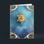Eleganter Mazel Tov, 5 Zoll x 7 Zoll geklappte Gru Karte<br><div class="desc">Gold Star von David mit exquisiten Golddetails vor blauem Hintergrund; der Gruß ist "Mazel Tov" auf der Vorderseite. Das Innere wurde links,  damit Sie diese elegante Karte personalisieren können. Empfohlen für Hochzeiten,  Geburtstage,  Bar mitzvahs,  Fledermaus Mitzvahs,  und andere besondere Anlässe oder Feiertage.</div>