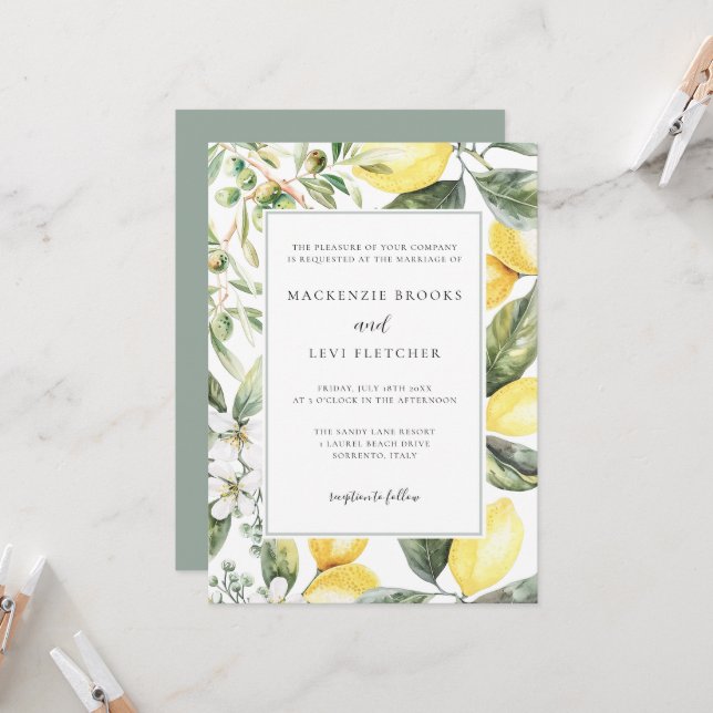 Eleganter Mediterraner Garten Lemon Wedding Einladung (Vorderseite/Rückseite Beispiel)