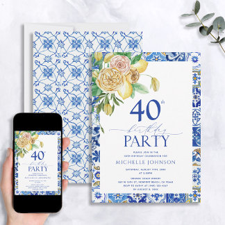 Eleganter mediterraner Lemon Floral 40. Geburtstag Einladung