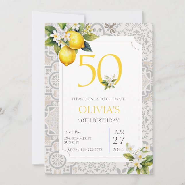 Eleganter mediterraner Lemon Italienisch 50. Gebur Einladung (Vorderseite)