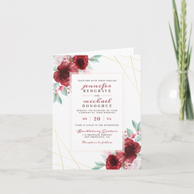Eleganter Merlot Glamour Blooms Geometric Wedding Einladung (Vorderseite)
