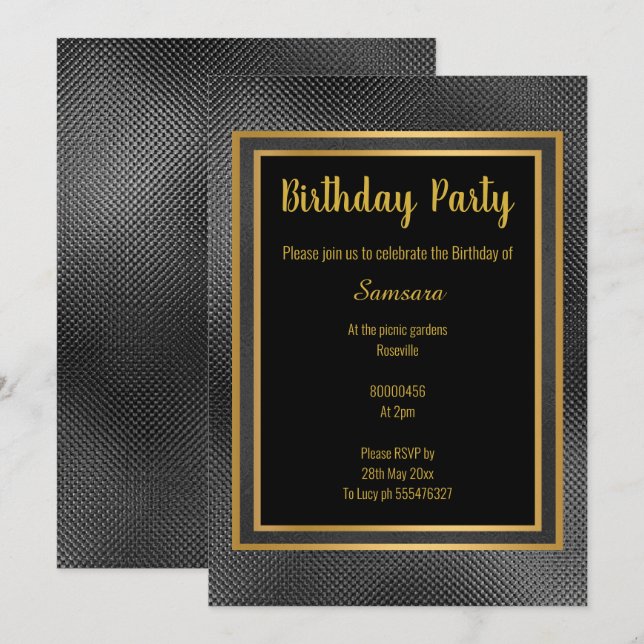 ELEGANTER METALLIKER SCHWARZ UND GOLD EMBOSSED GEB EINLADUNG (Vorne/Hinten)