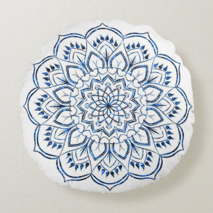 Eleganter metallisch blauer Mandala-Dekor Rundes Kissen