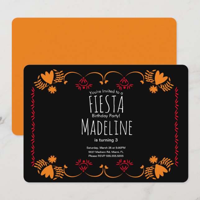 Eleganter mexikanischer Geburtstag Fiesta Floral B Einladung (Vorne/Hinten)