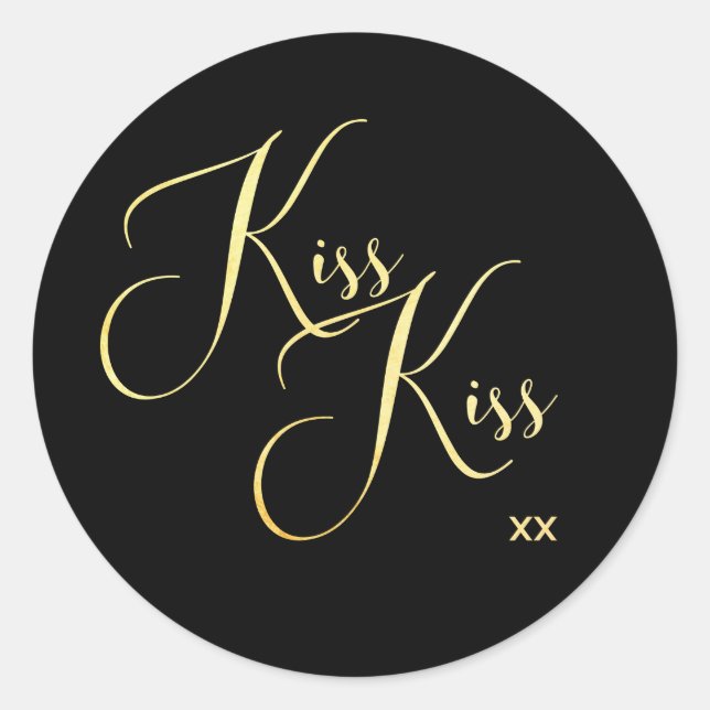 Eleganter Minimal Gold Script Schriftart Kiss Kiss Runder Aufkleber (Vorderseite)