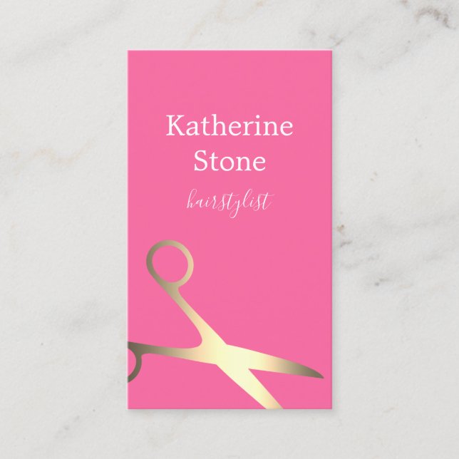 Eleganter Minimal-Goldmagenta-Schere Haarstylist Visitenkarte (Vorderseite)