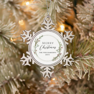 Eleganter minimaler Kranz Frohe Weihnachten Schneeflocken Zinn-Ornament