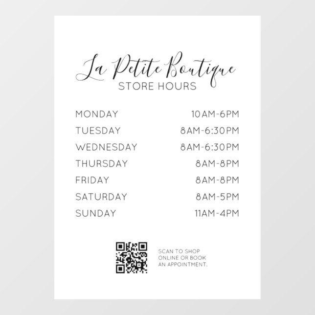 Eleganter Minimaler Script Store Stunden QR-Code Fensteraufkleber (Blatt)