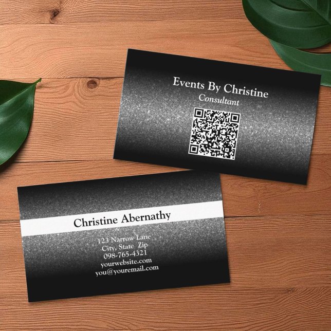 Eleganter Minimalistischer Black Glitzer Ombre QR  Visitenkarte (template business card front and back)