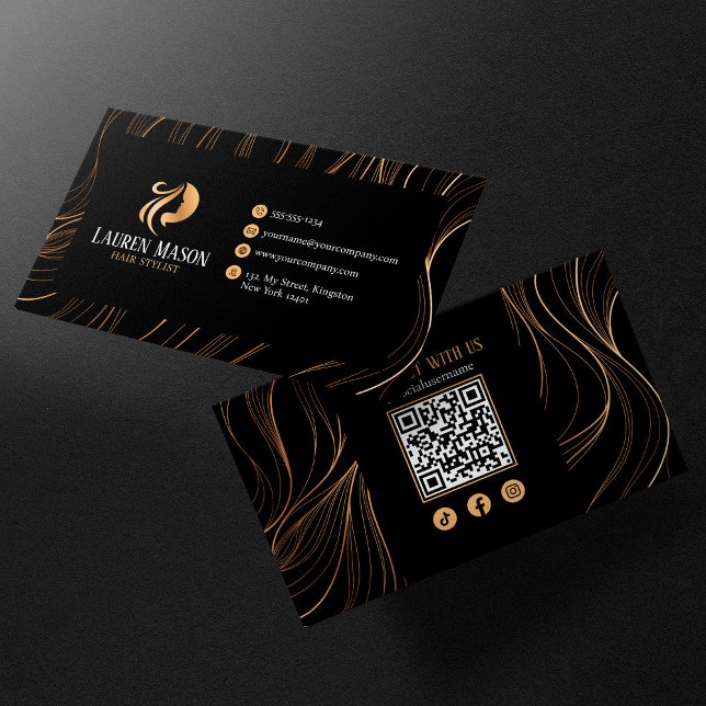 Eleganter Minimalistischer Black Gold HairStylist  Visitenkarte (Von Creator hochgeladen)