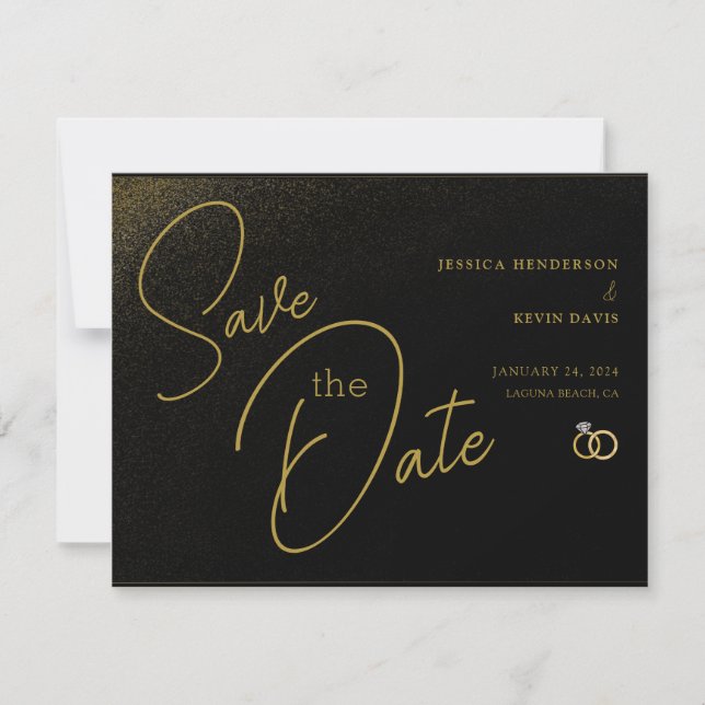 Eleganter Minimalistischer Black & Gold Rett-the-D Save The Date (Vorderseite)