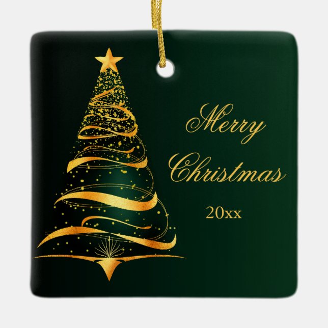 Eleganter Minimalistischer Goldener Baum Frohe Wei Keramikornament (Vorderseite)