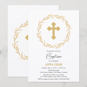 Eleganter minimalistischer goldener Kreuzkranz Tau Einladung