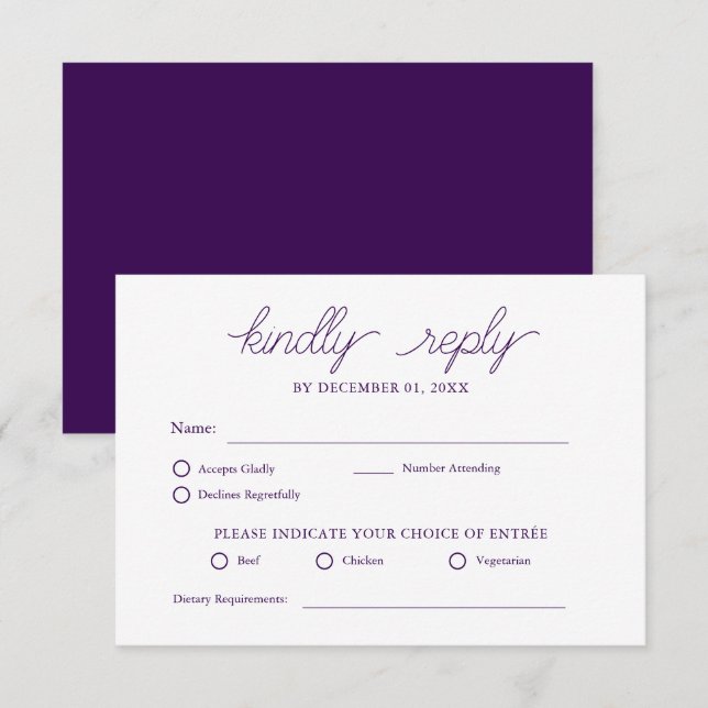 Eleganter Minimalistischer Lila Einfache Hochzeit  RSVP Karte (Vorne/Hinten)