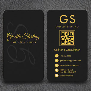 Eleganter Minimalistischer Monogram Black Gold QR  Visitenkarte