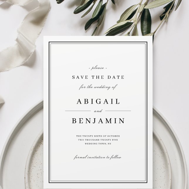 Eleganter minimalistischer Schwarz-Weiß-Stil Save  The Date (Elegant black and white minimalist save the date)