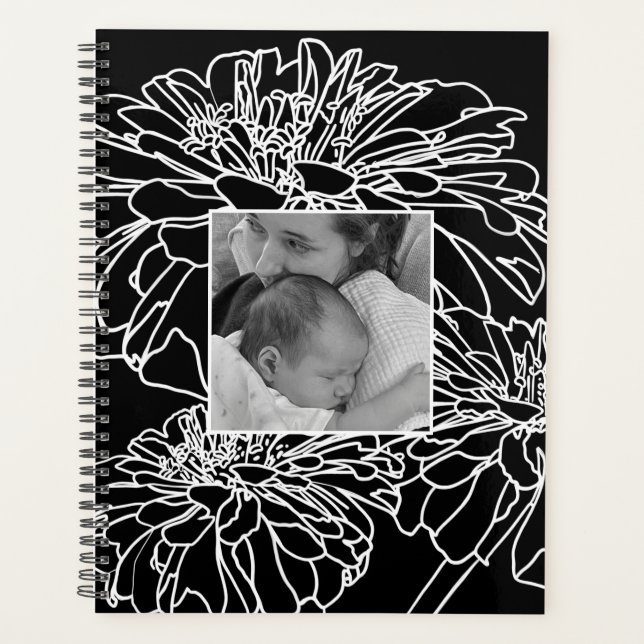 Eleganter minimalistischer Schwarz-weißer Blumenst Planer (Vorderseite)