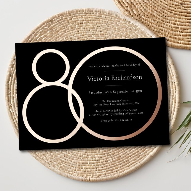 Eleganter Minimalistischer Schwarzer Rose Gold 80. Folieneinladung (Elegant Minimalist Black Rose Gold 80th Birthday Foil Invitation)