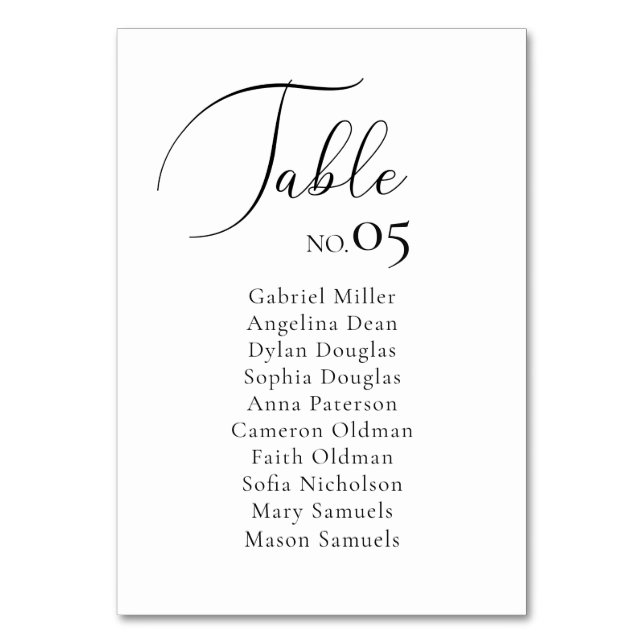 Eleganter minimalistischer Sitzplan für Hochzeitsf Tischnummer (Vorderseite)
