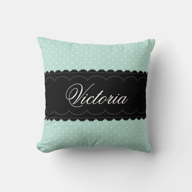 Eleganter Mint Blue Polka Dot Black Lace Individue Kissen (Vorderseite)