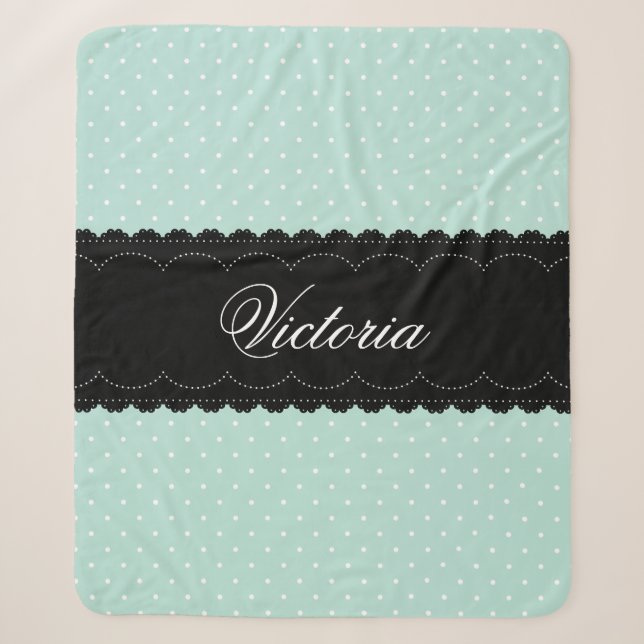 Eleganter Mint Blue Polka Dot Black Lace Individue Sherpadecke (Vorderseite)