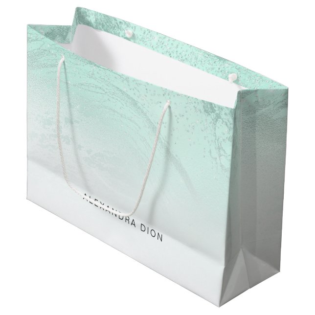 Eleganter, minzgrüner Glitzer Große Geschenktüte (Vorderseite Schrägansicht)