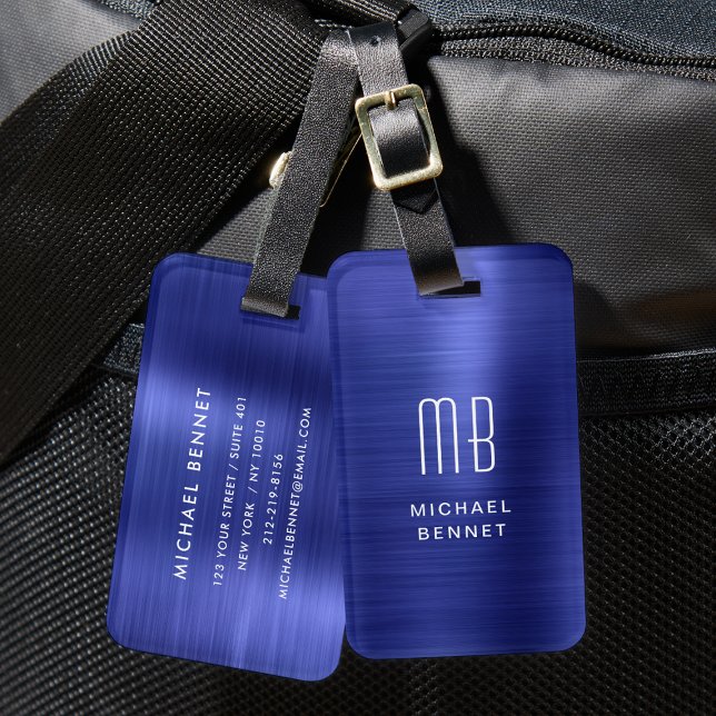 Eleganter Mit Monogramm Navy Blue Metal Gepäckanhänger (Elegant Monogrammed Navy Blue Metal Luggage Tag)