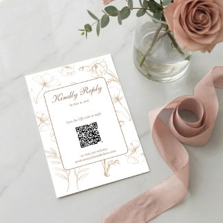 Eleganter Mocha-Blumen-Linienkunst-QR-Code zur Hoc RSVP Karte