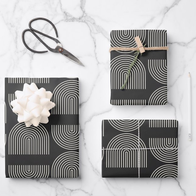 Eleganter Mod Arch Lines Black and White Geschenkpapier Set (Vorderseite)