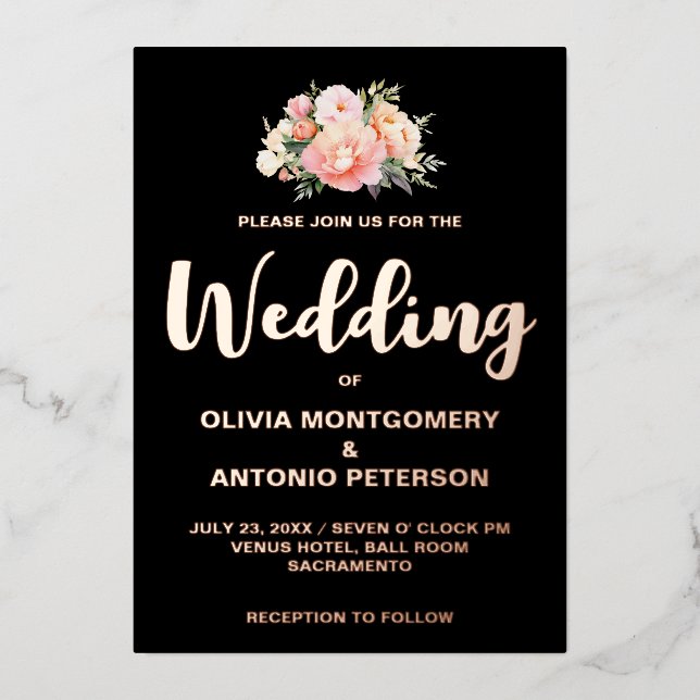 Eleganter Modern Light Pink Peony Black Wedding Fo Folieneinladung (Vorderseite)