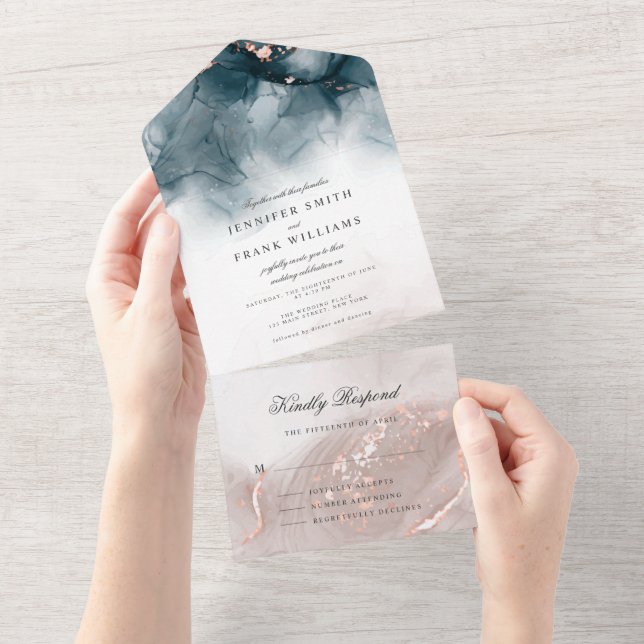 Eleganter moderner Alkohol Tinte Gold Blush All In One Einladung (Abreißtisch)