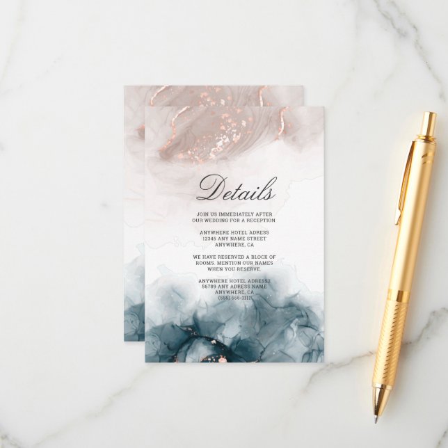 Eleganter moderner Alkohol Tinte Gold Blush Begleitkarte (Vorderseite/Rückseite Beispiel)