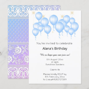 ELEGANTER MODERNER BALLOON LILA BLAUE GEBURTSTAG EINLADUNG