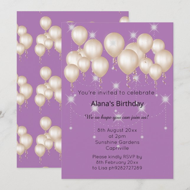 ELEGANTER MODERNER BALLOON LILA GEBURTSTAG EINLADUNG (Vorne/Hinten)