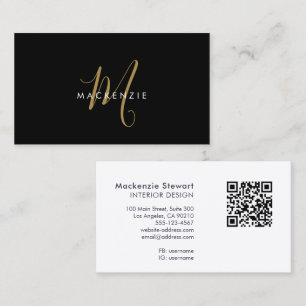 Eleganter moderner Black-Gold-Script-Monogram QR-C Visitenkarte