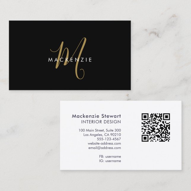 Eleganter moderner Black-Gold-Script-Monogram QR-C Visitenkarte (Vorne/Hinten)