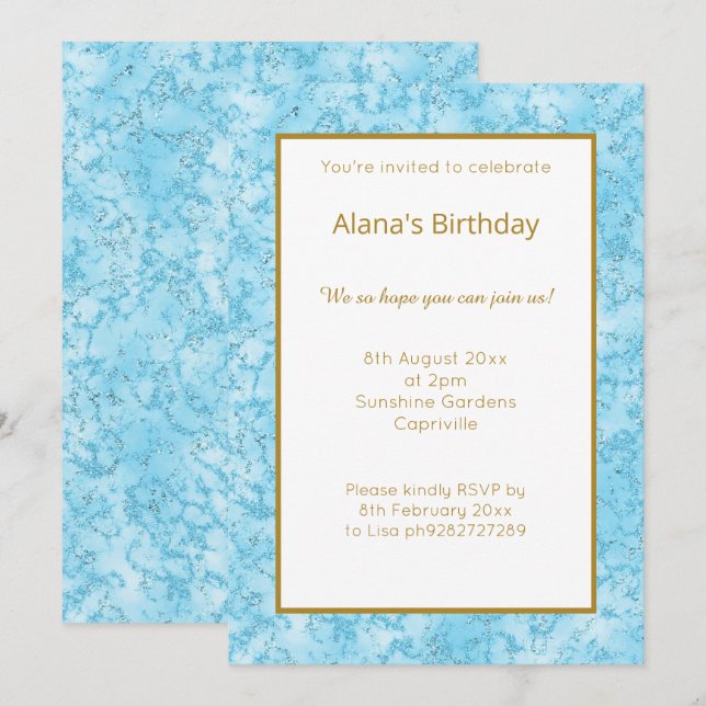 ELEGANTER MODERNER BLAUE MARBLE GLITZER EINFACH EINLADUNG (Vorne/Hinten)