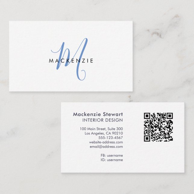 Eleganter moderner blauer Schriftmonogramm-QR-Code Visitenkarte (Vorne/Hinten)