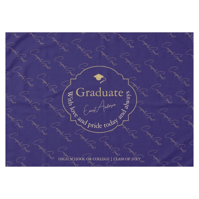 Eleganter moderner Blue Gold Graduate Cap Abschlus Tischdecke (Vorderseite (Horizontal))