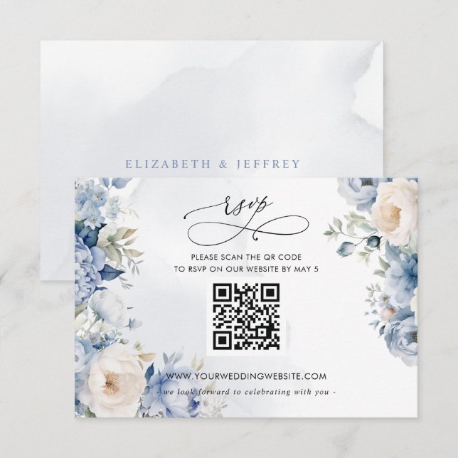 Eleganter moderner botanischer Dusty Blue Floral Q RSVP Karte (Vorne/Hinten)