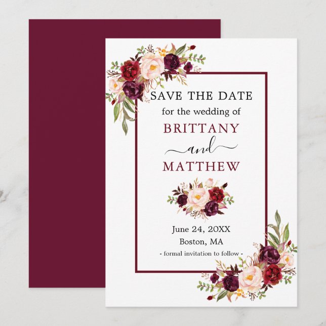 Eleganter, moderner Burgundy Rahmen floral Save The Date (Vorne/Hinten)