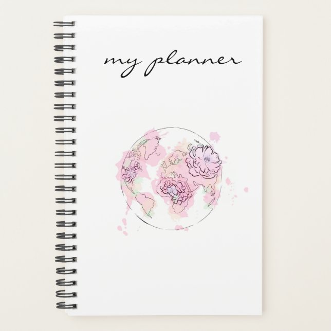 Eleganter, moderner Chic Pink Watercolor Globe Planer (Vorderseite)