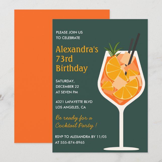 Eleganter moderner Cocktail, 73. Geburtstagseinlad Einladung (Vorne/Hinten)