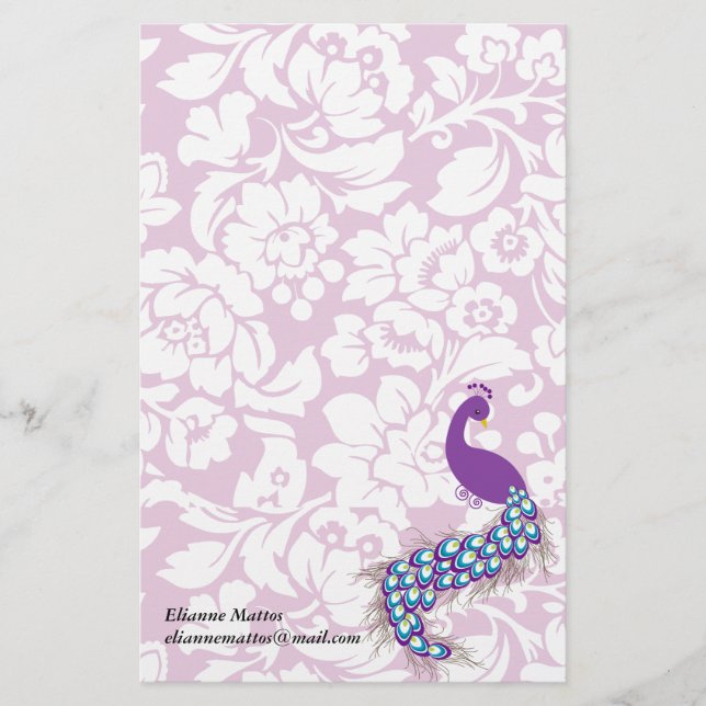 Eleganter moderner Damast-lila Pfau personalisiert Briefpapier (Vorderseite)