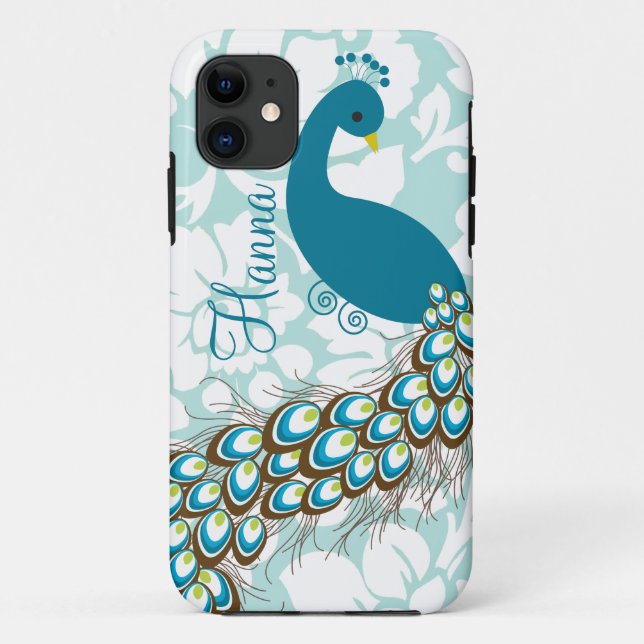 Eleganter moderner Damast-Pfau personalisiert Case-Mate iPhone Hülle (Rückseite)