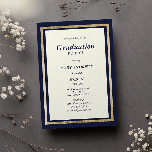 Eleganter, moderner Elfenbein-Abschluss Einladung (Elegant modern ivory navy blue gold Graduation)