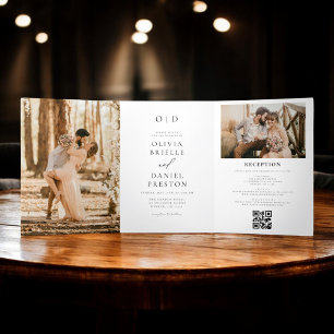 Eleganter moderner Foto-Hochzeitsdetails QR-Code Dreifach Gefaltete Einladung