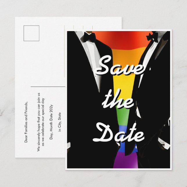 Eleganter, moderner Gay Men Wedding Rainbow Postkarte (Vorne/Hinten)